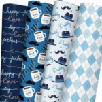 SaringSwoon Father’s Day Wrapping Paper – Blue Gift Wrap for Men With Happy Father’s Day, Best Dad Ever, Hat, Tie, Mustache and Plaid Design – 20×29 Inches, 8 Folded Sheets